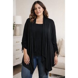 Karen Kane Womens Cardigan Size 3X Black Ruched Sleeve Draped Layering Classic
